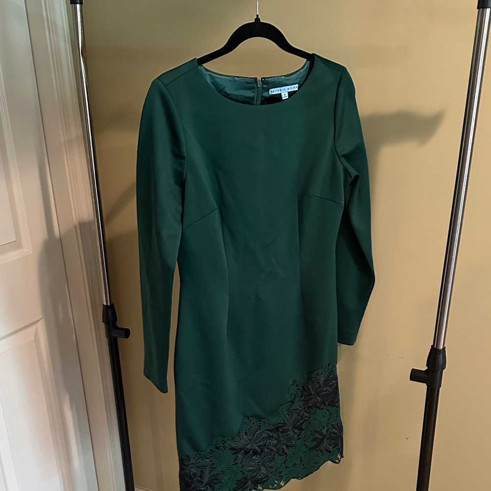 ANTONIO MELANI Teal Long Sleeve Dress with Black Floral Accent